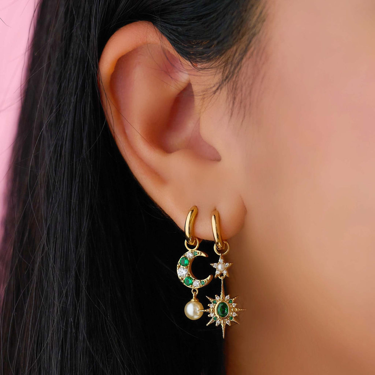Luna Moon & Star Huggie Hoop Earrings Emerald Green & Gold