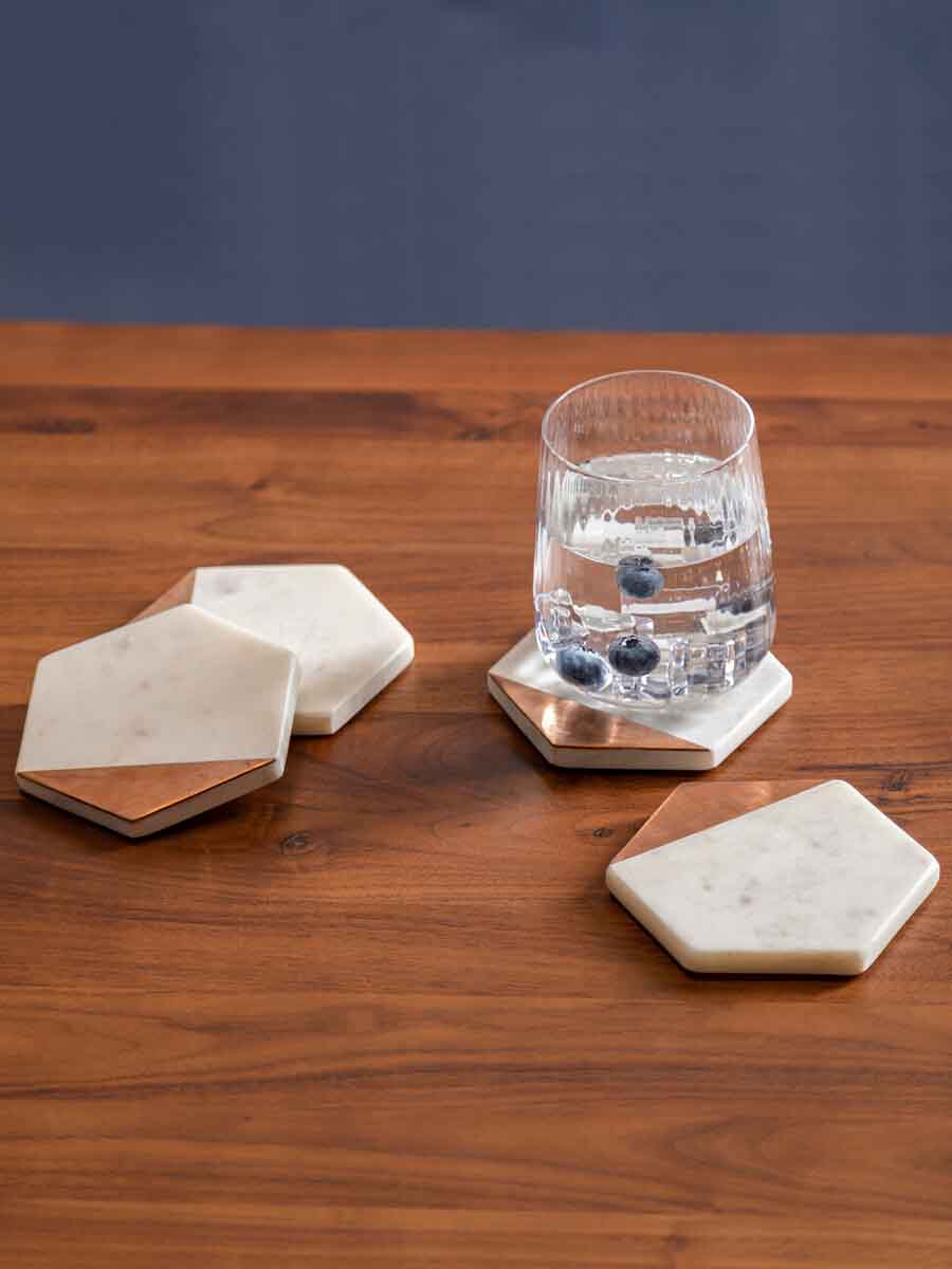 Monzaro Set Of 4 White Marble And Copper Inlay Coasters