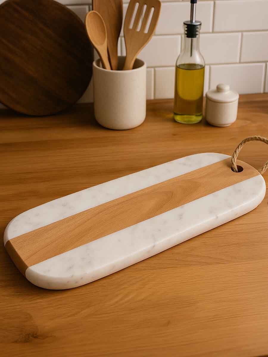 Monzaro Oblong White Marble And Acacia Wood Board