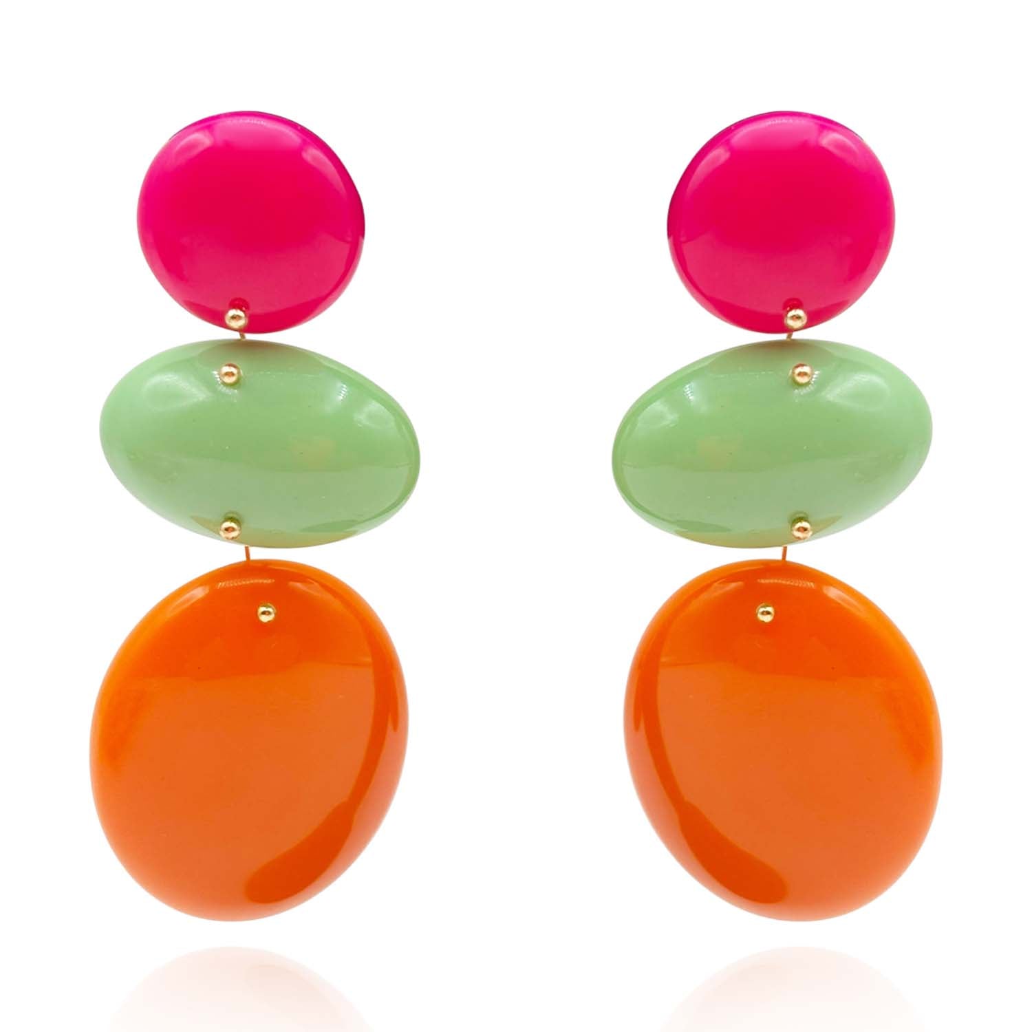 Triple Drop Resin Pink and Green and Orange Drop Earrings