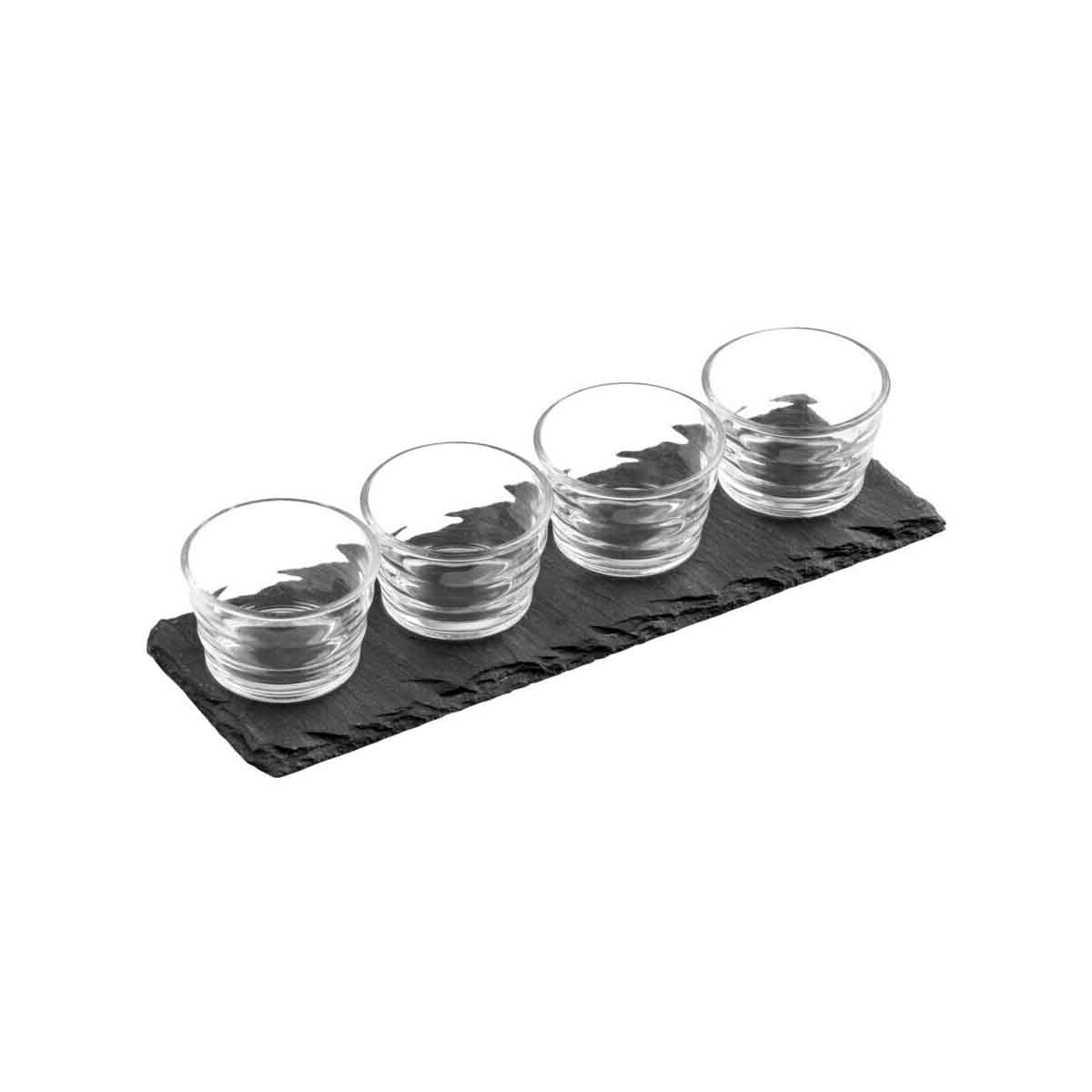 4 Ribbed Glass Bowls Slate Tray Set