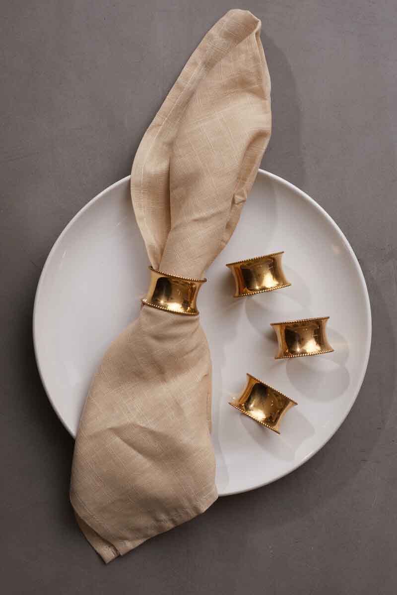 Metallic Set Of 4 Brass Finish Beaded Napkin Rings