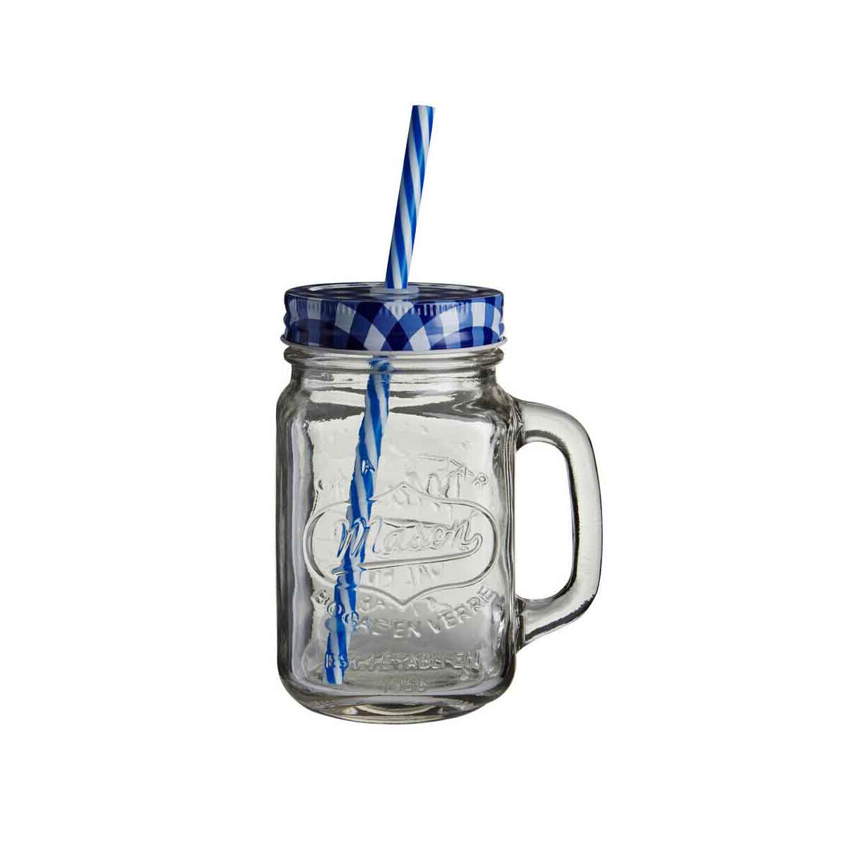 Embossed Mason Square Jar Mug With Blue Gingham Lid