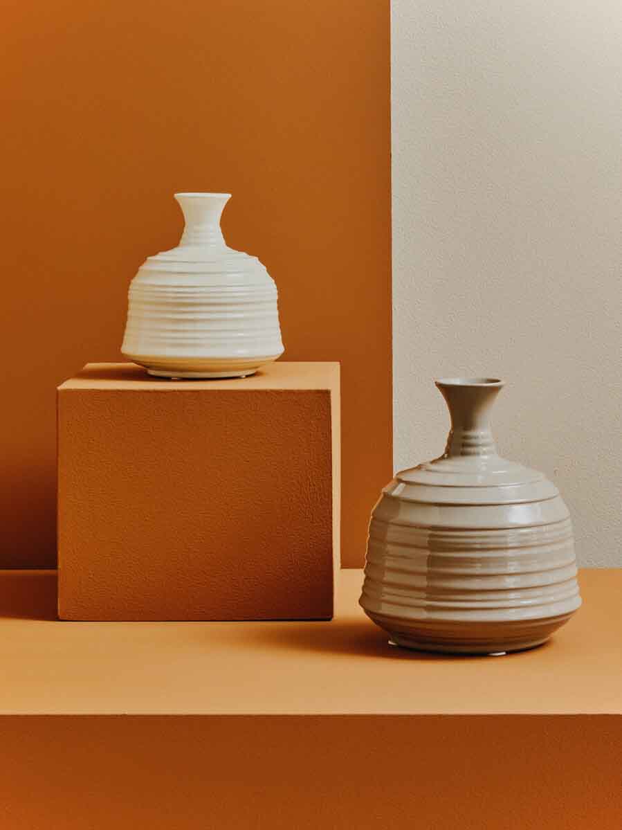 Dusk Taupe Medium Ribbed Ceramic Vase