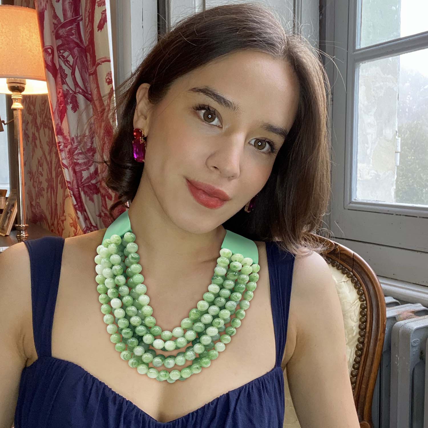 Multi-Strand Jade Green  Resin Necklace With Vegan Adjustable Clasp
