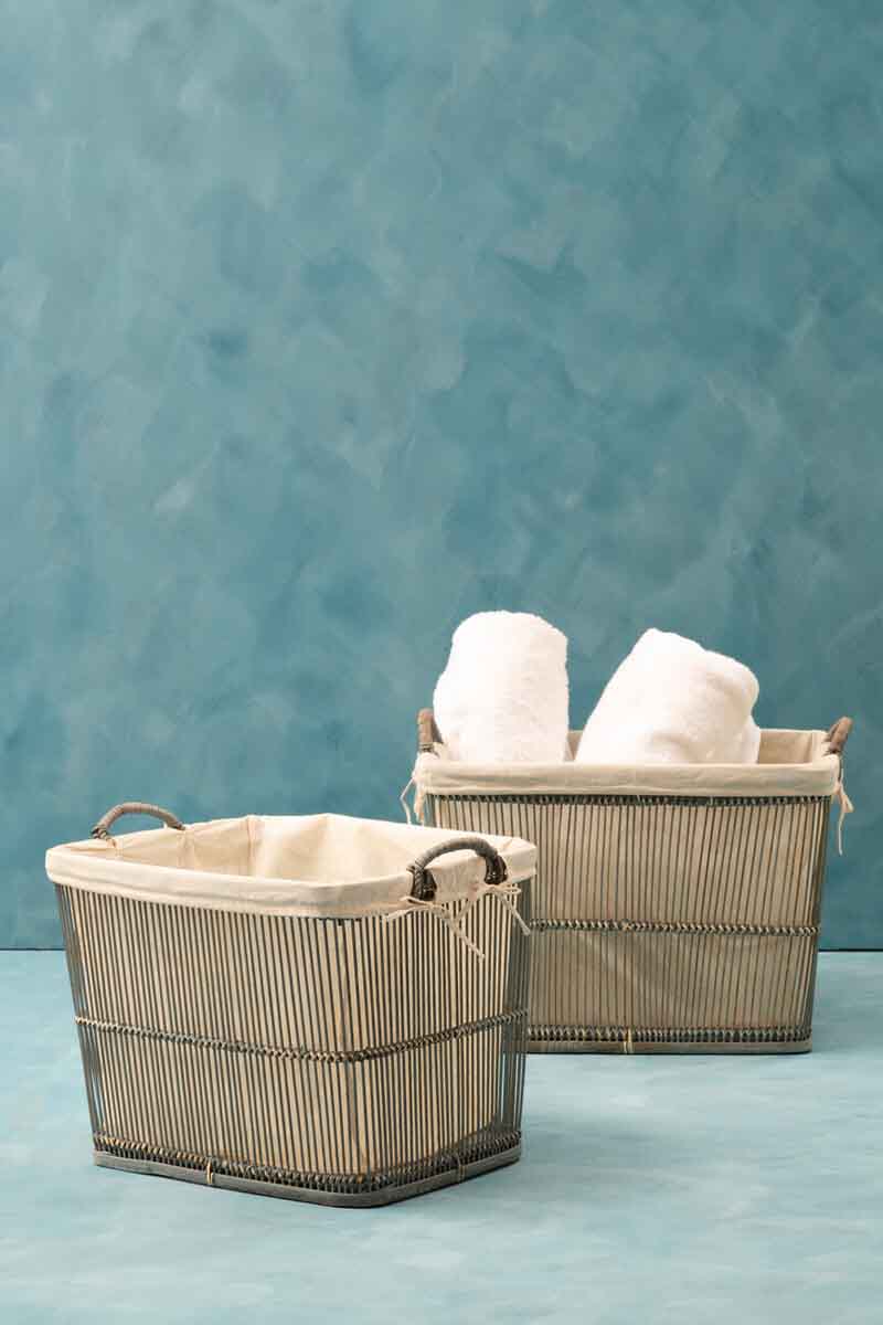 Rustic Rattan/Bamboo Grey Washed Set Of 2 Storage Baskets
