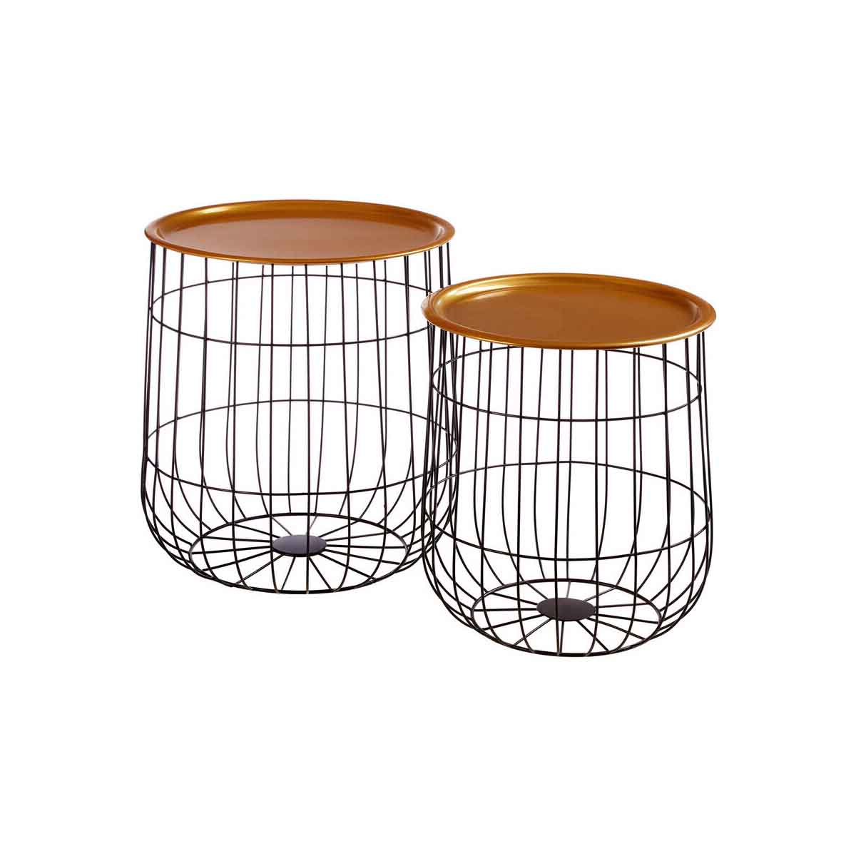 Hege Set Of 2 Brass Finish Top and Black Wire Basket Tables