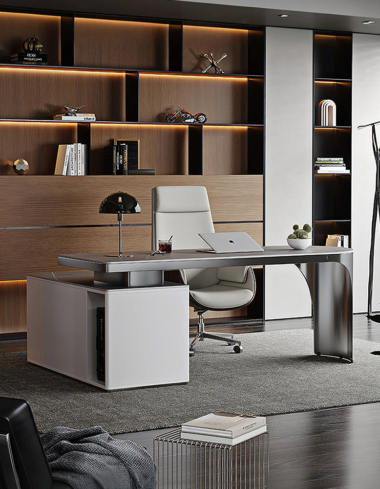 Abdi Corner Office Desk With Storage, Sintered Stone