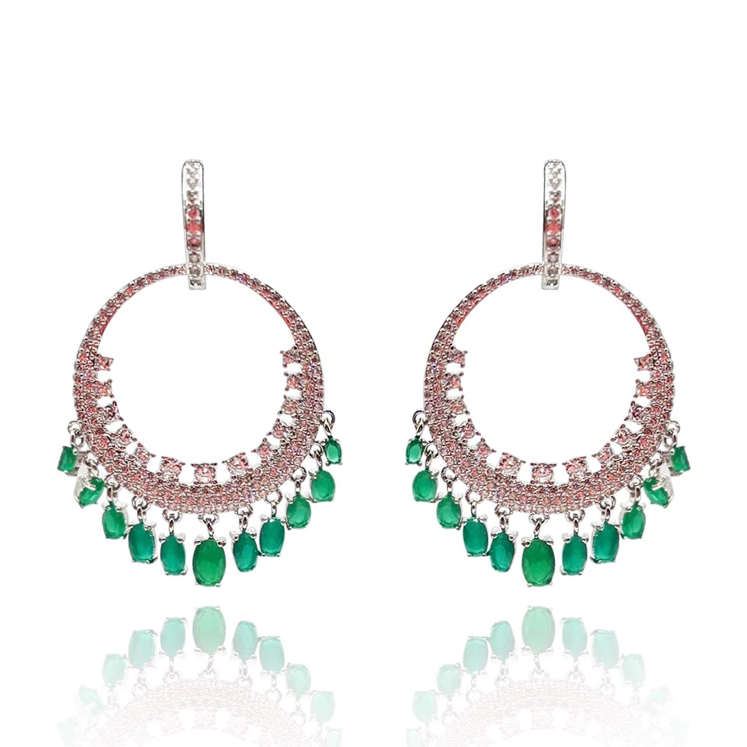 Rhodium Plated Cubic Zirconium Emerald and Diamond Drops