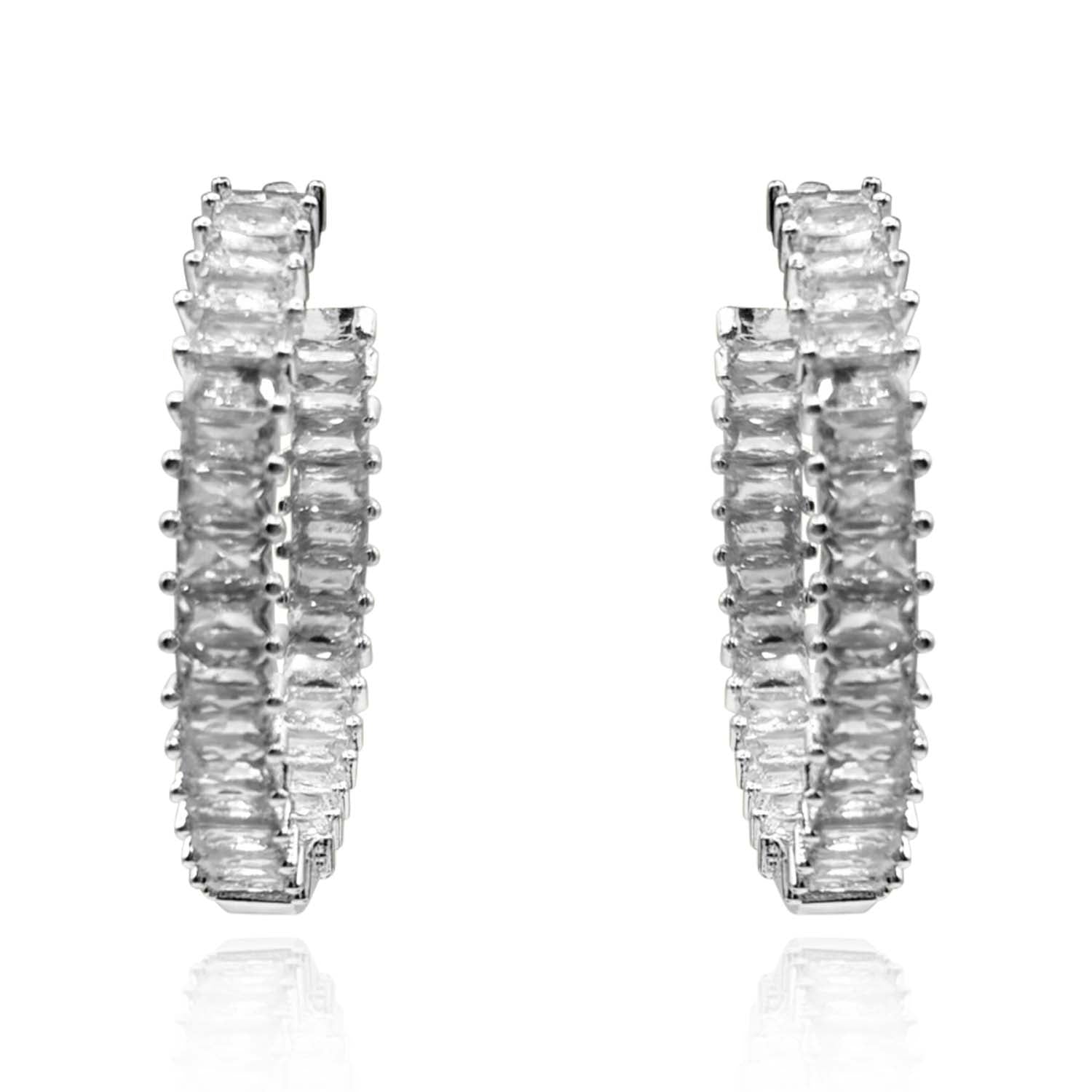 Large Rhodium Plated Baguette Hoop Earrings