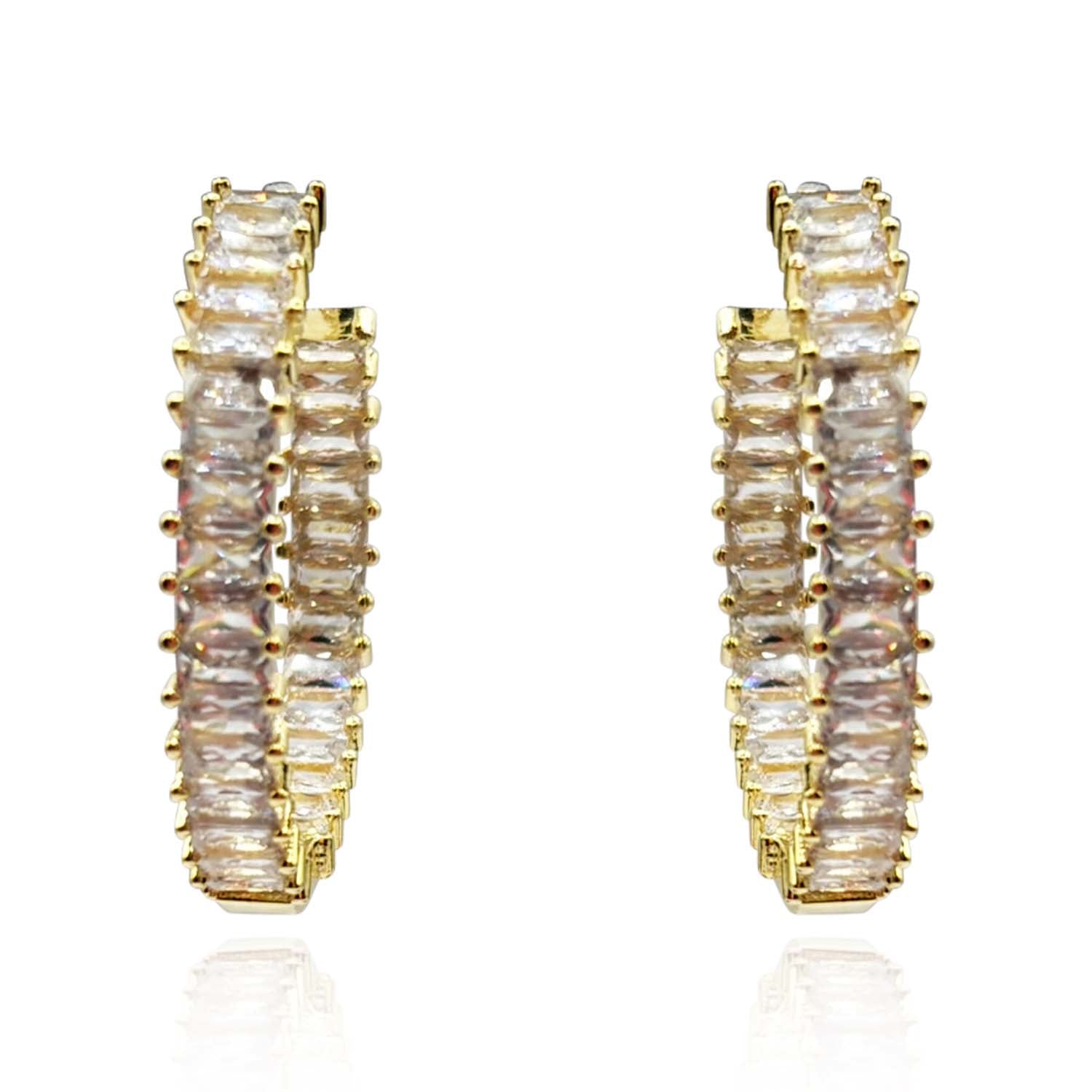 Large Gold Plated Cubic Zirconium Baguette Hoop Earrings
