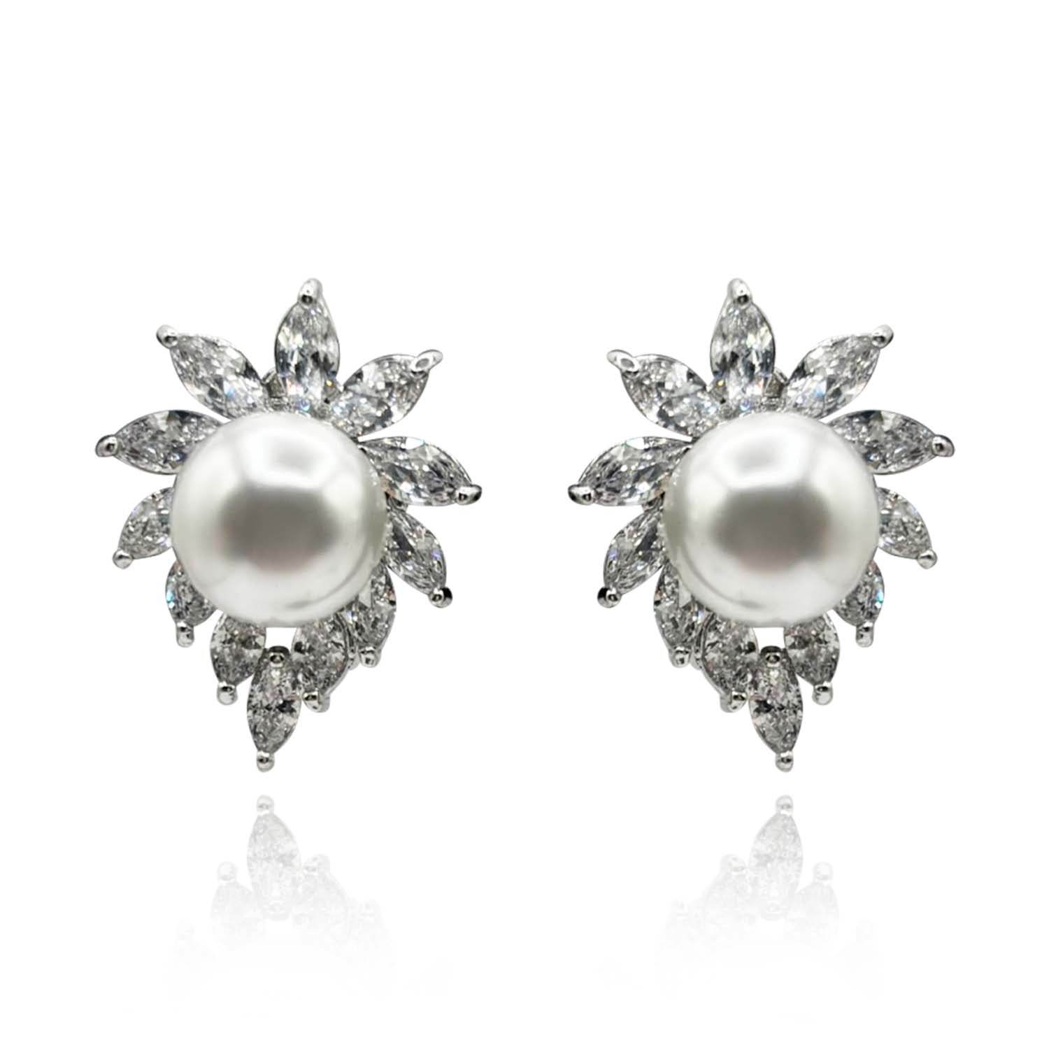 Shell Pearl and Marquise Diamond Clip on Earrings
