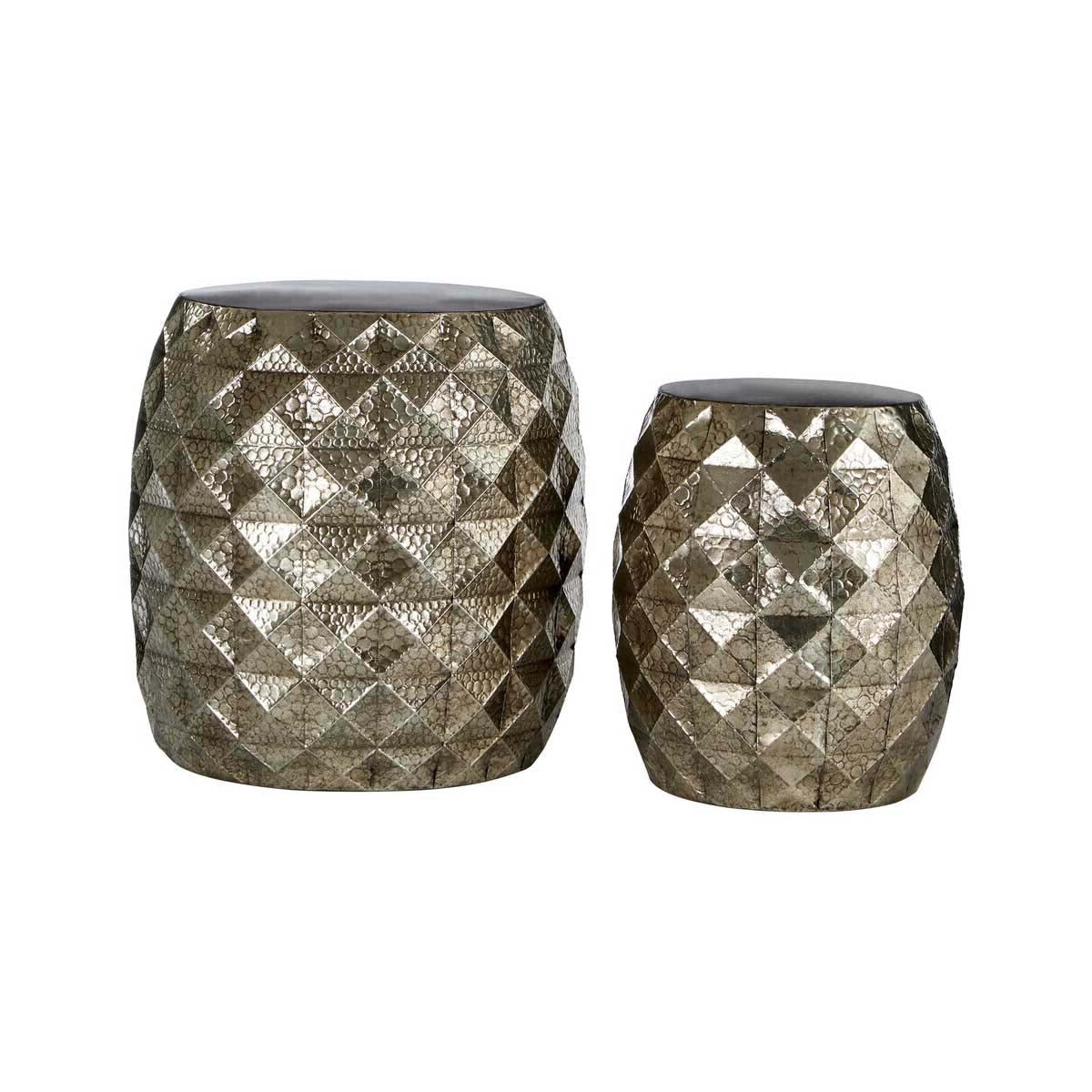 Reza Set of 2 Silver Finish Textured Stools and Tables