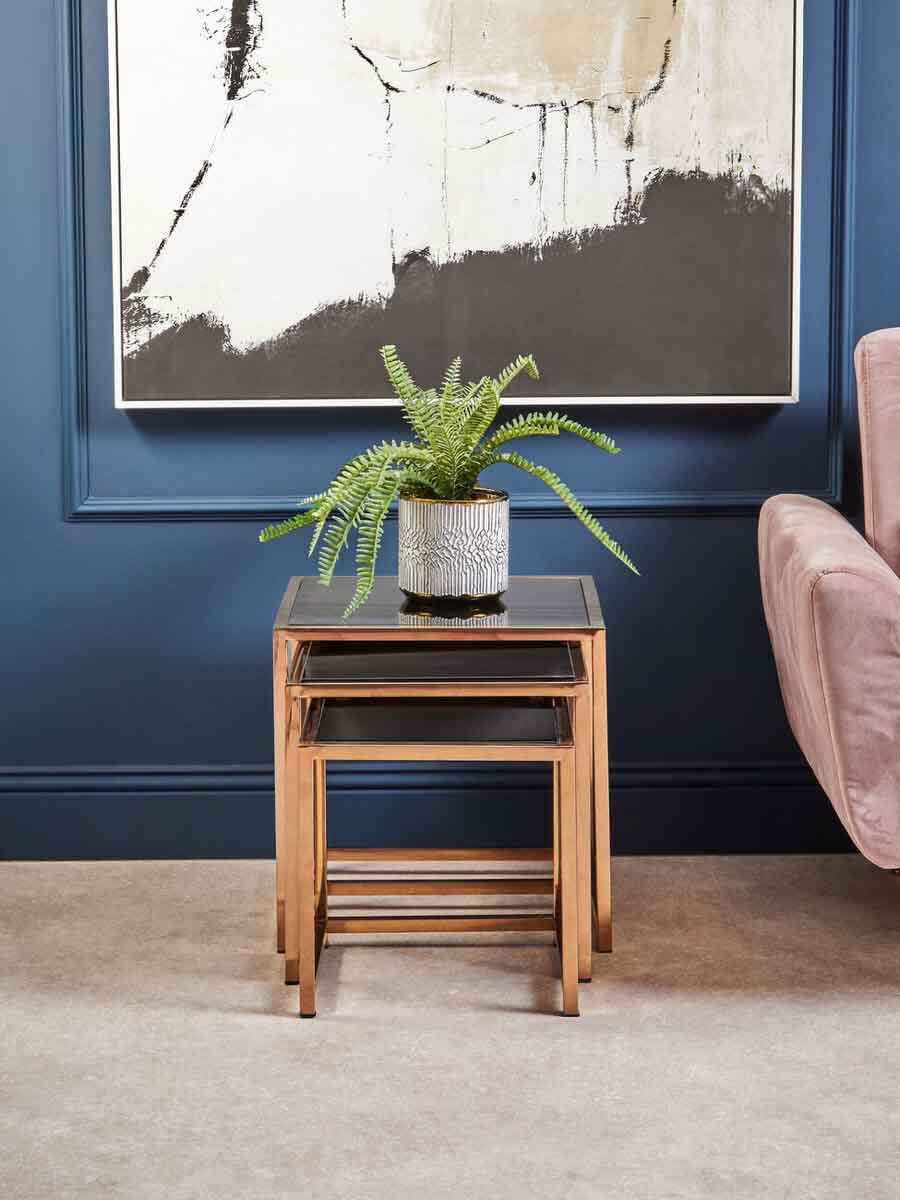 Ackley Set of 3 Gold Frame Nesting Tables with Black Glass