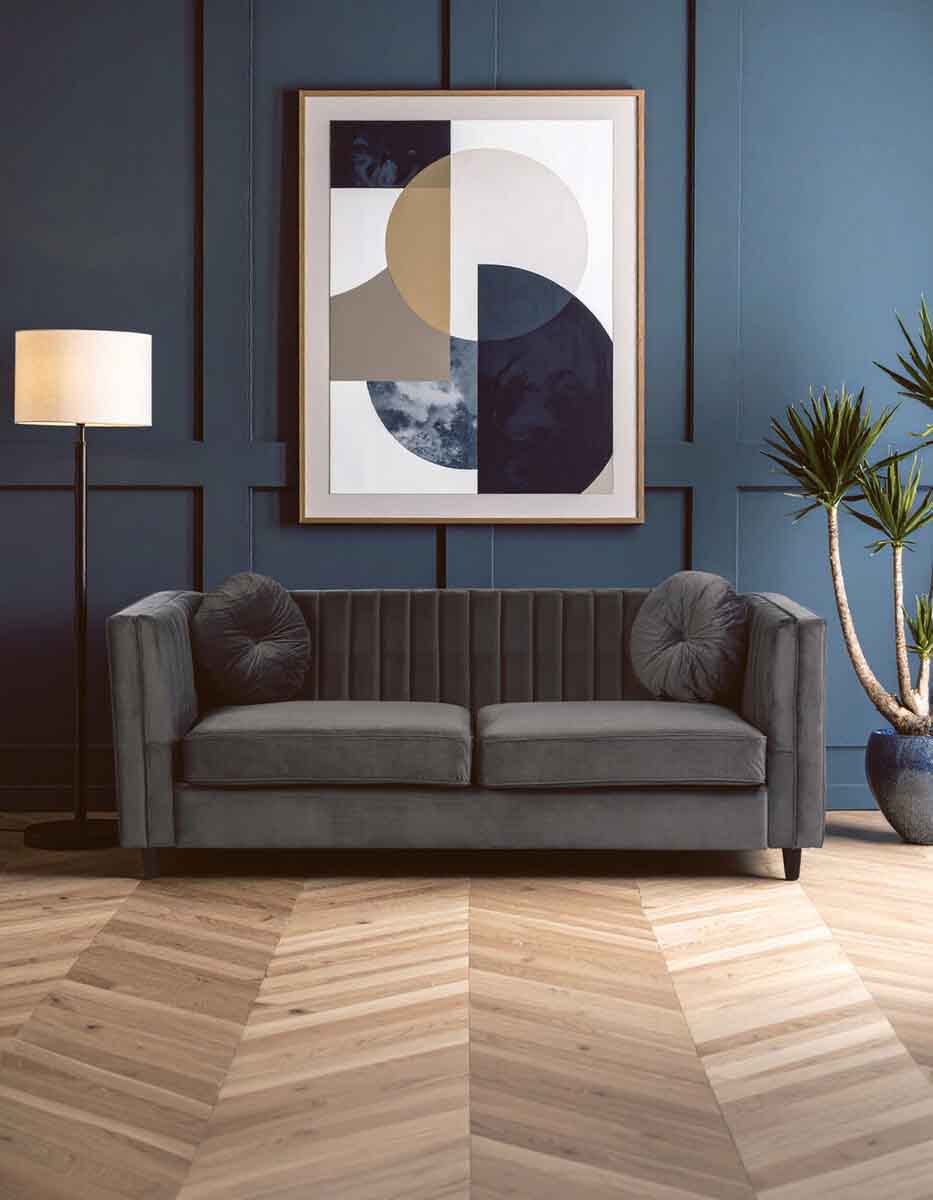 Farah Three Seat Grey Velvet Sofa