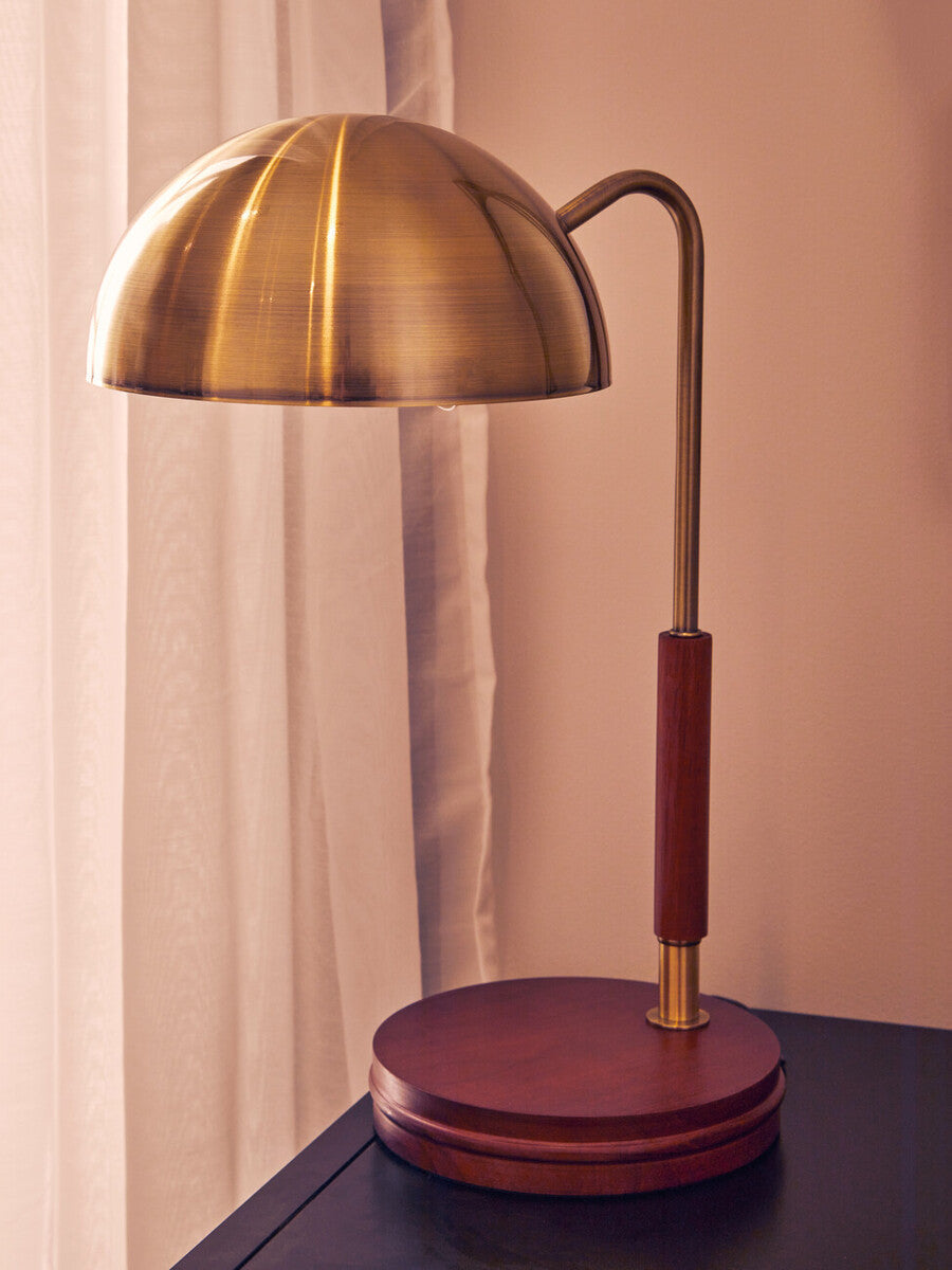 Sydnee Antique Brass Finish Task Lamp With Wood Base
