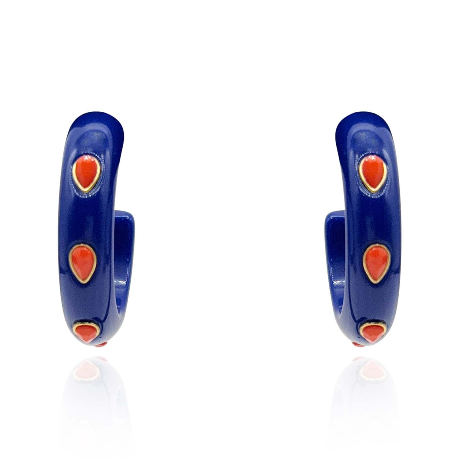 Navy Resin Hoop Earrings With Faceted Coral Glass Pear Stones