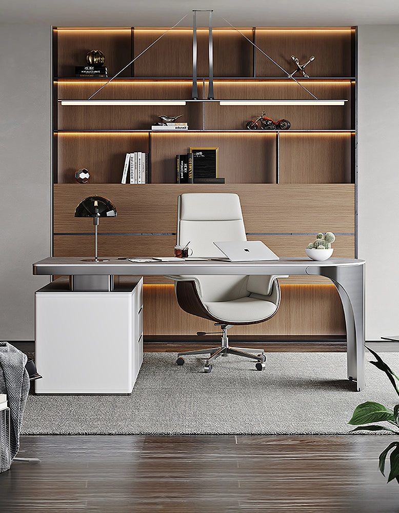 Abdi Corner Office Desk With Storage, Sintered Stone