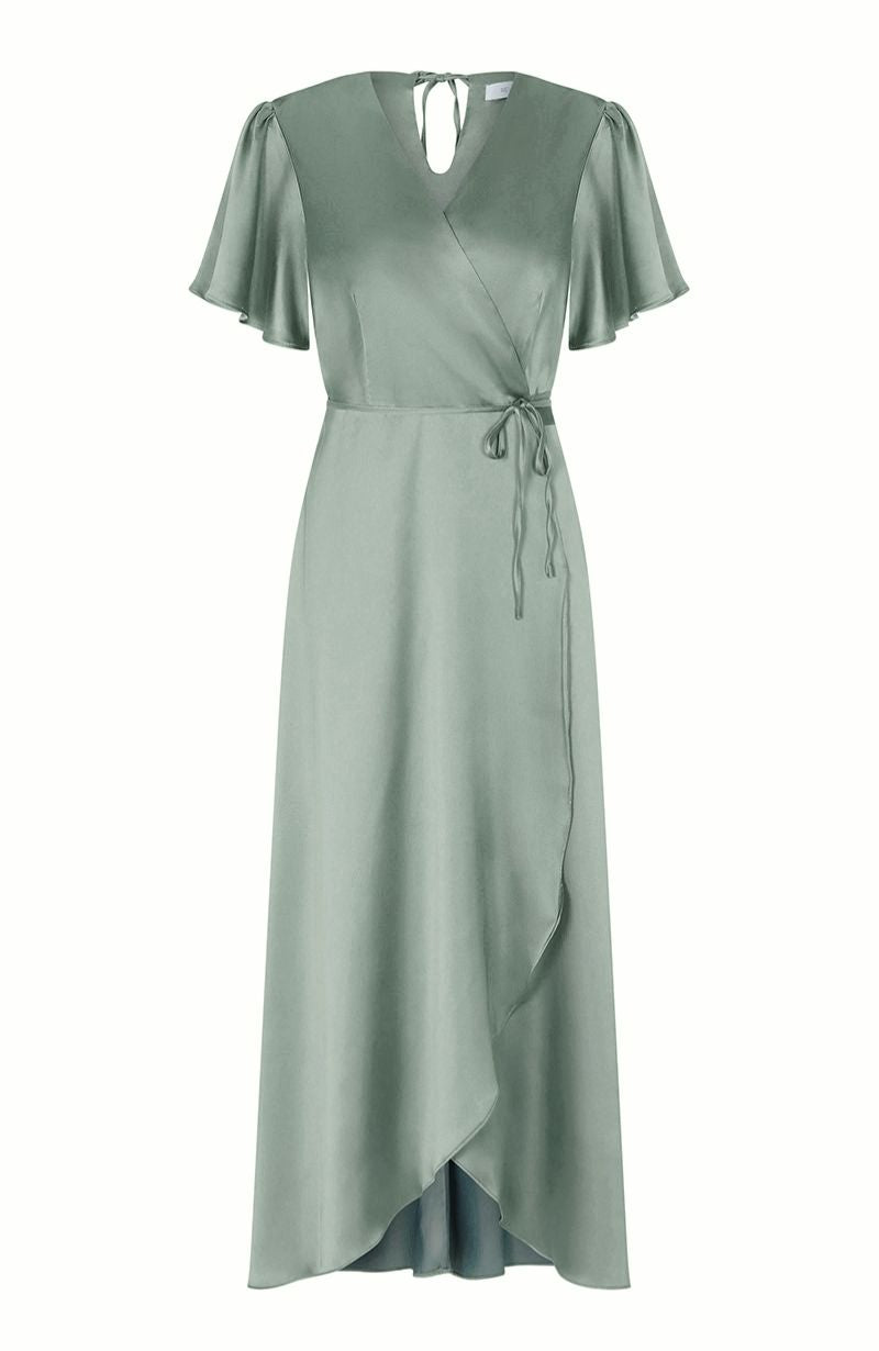 Florence Waterfall Dress in Sage Green Satin