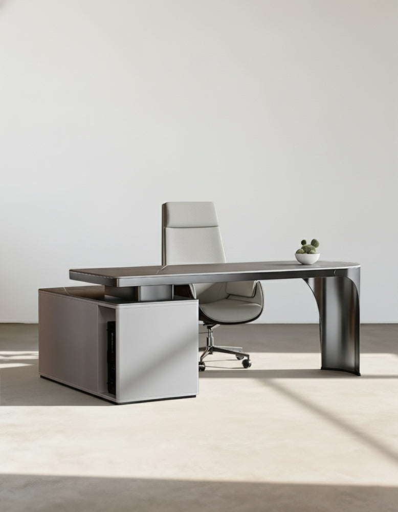 Abdi Corner Office Desk With Storage, Sintered Stone