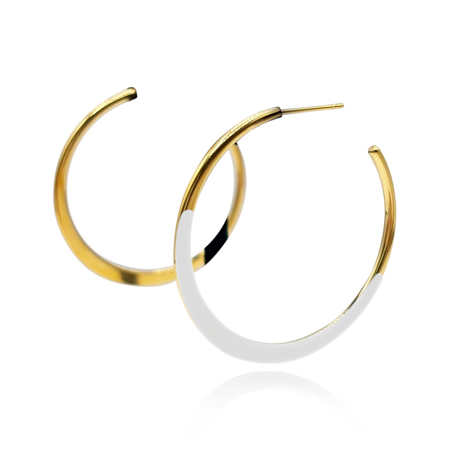 Gold and White Enamel Hoop Earrings