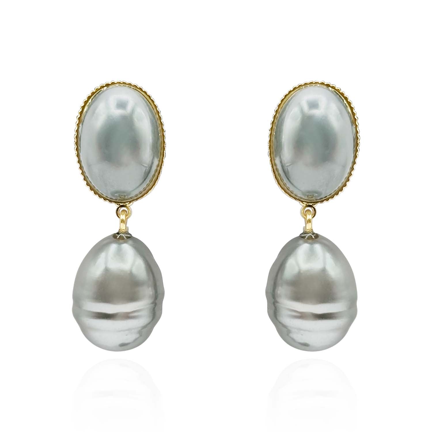EMMA BAROQUE GREY GLASS PEARL DROP CLIP EARRINGS