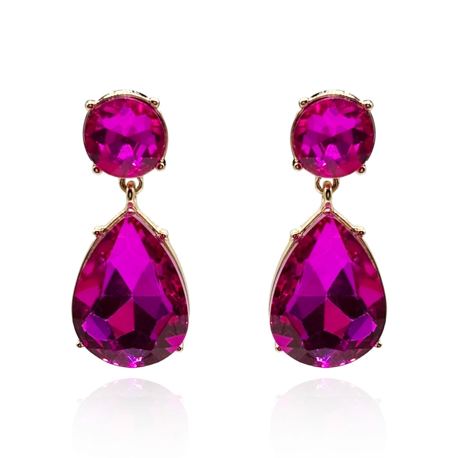 Large Pear-Faceted Fuschia Drop Clip on Earrings in Brass With Gold Plating