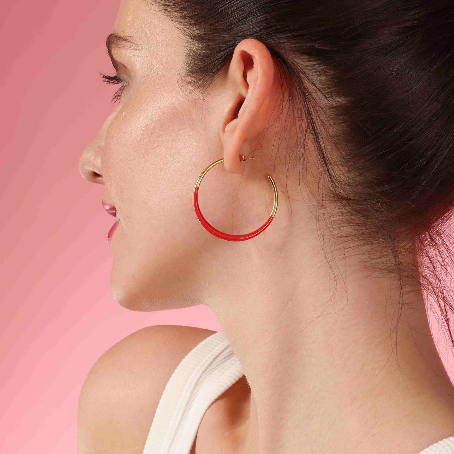 Gold and Red Enamel Hoop Earrings