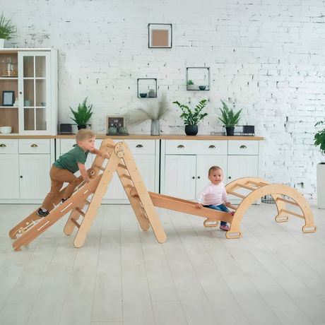 4in1 Montessori Climbing Frame: Pikler Triangle + Climbing Arch + Slide Board + Net – Beige
