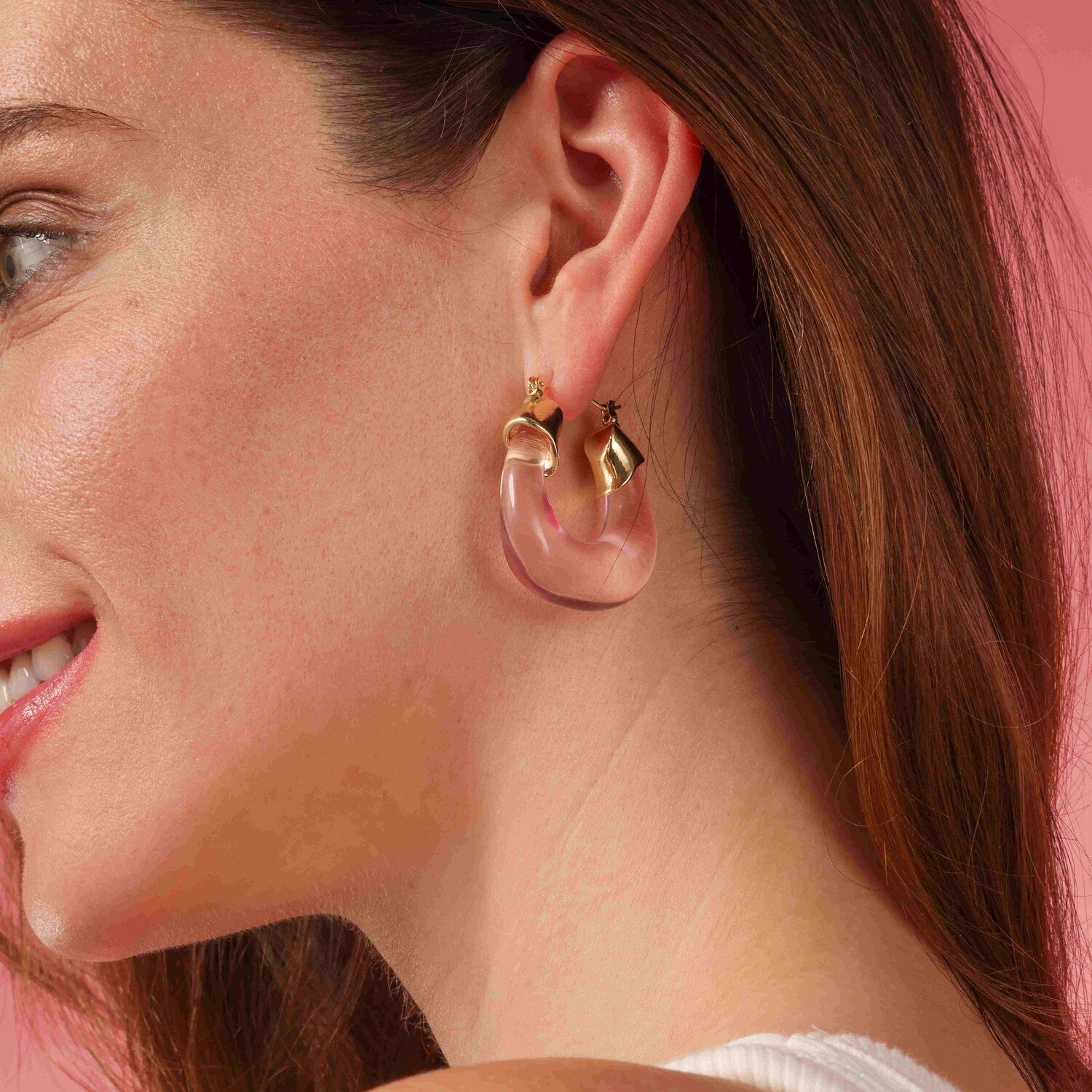 Transparent Rose Resin and Gold Hoop Earrings