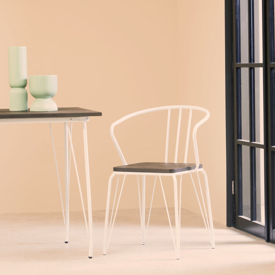 District White Metal And Elm Wood Arm Chair