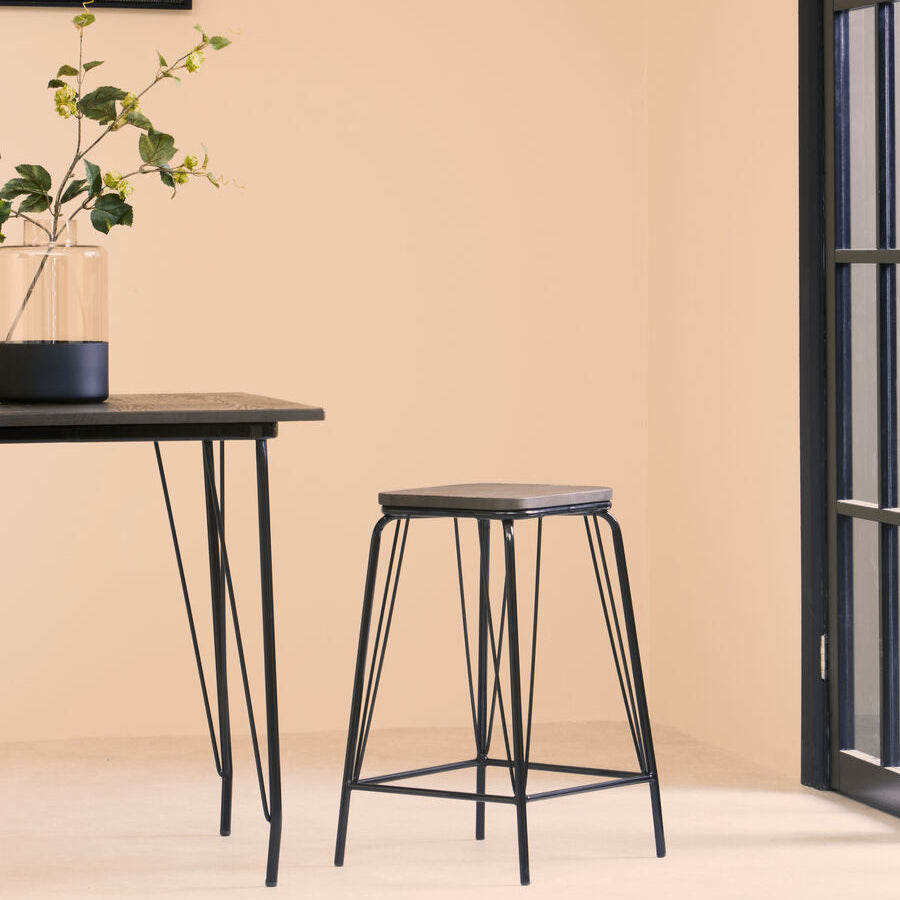 District Black Metal And Elm Wood Stool