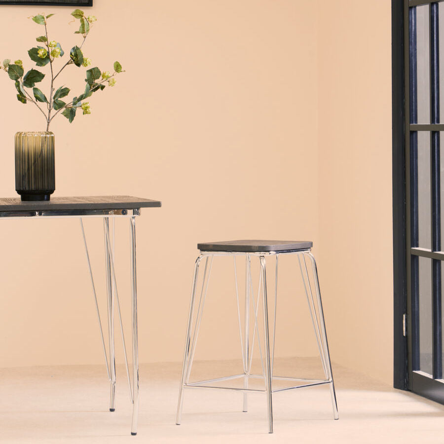 District Chrome Metal Frame And Elm Wood Seat Stool