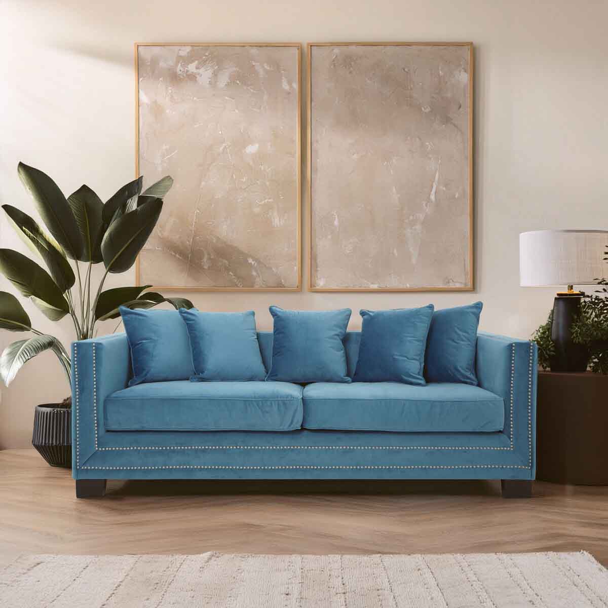 Sofia 3 Seater Cyan Blue Velvet Sofa
