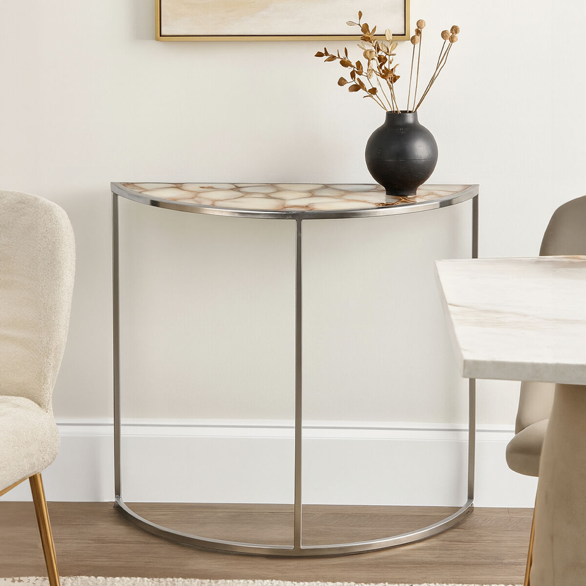 Vita Half Moon Console Table with Black Agate Top