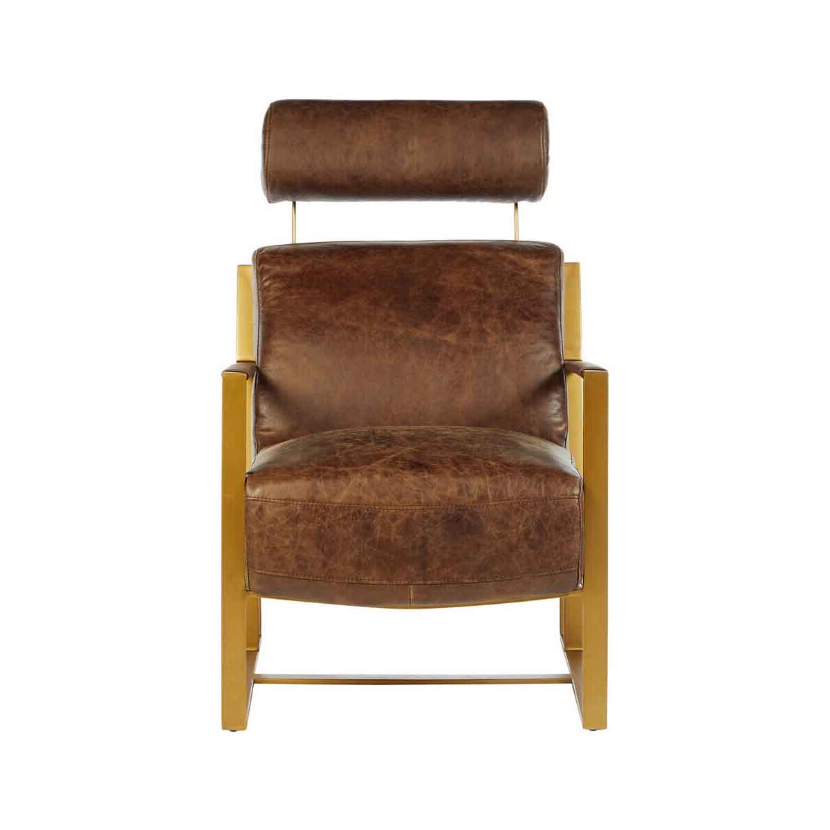 Hoxton Brown Leather Lounge Chair with Rose Gold Iron Frame