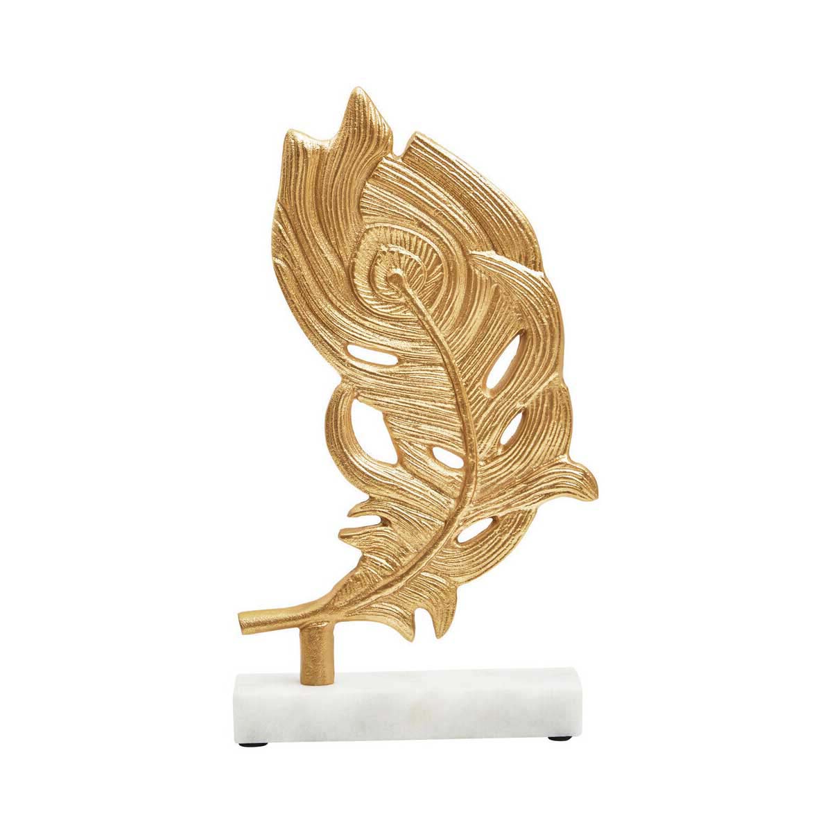 Evra Gold Peacock Feather Sculpture On White Marble Base