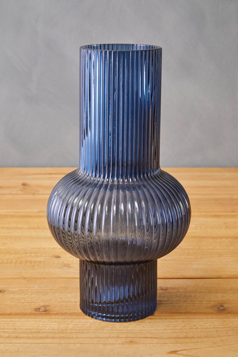 Benka Blue Ribbed Glass Vase