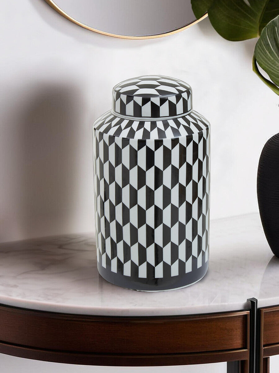 Marlo Small Black and White Geometric Print Ceramic Jar