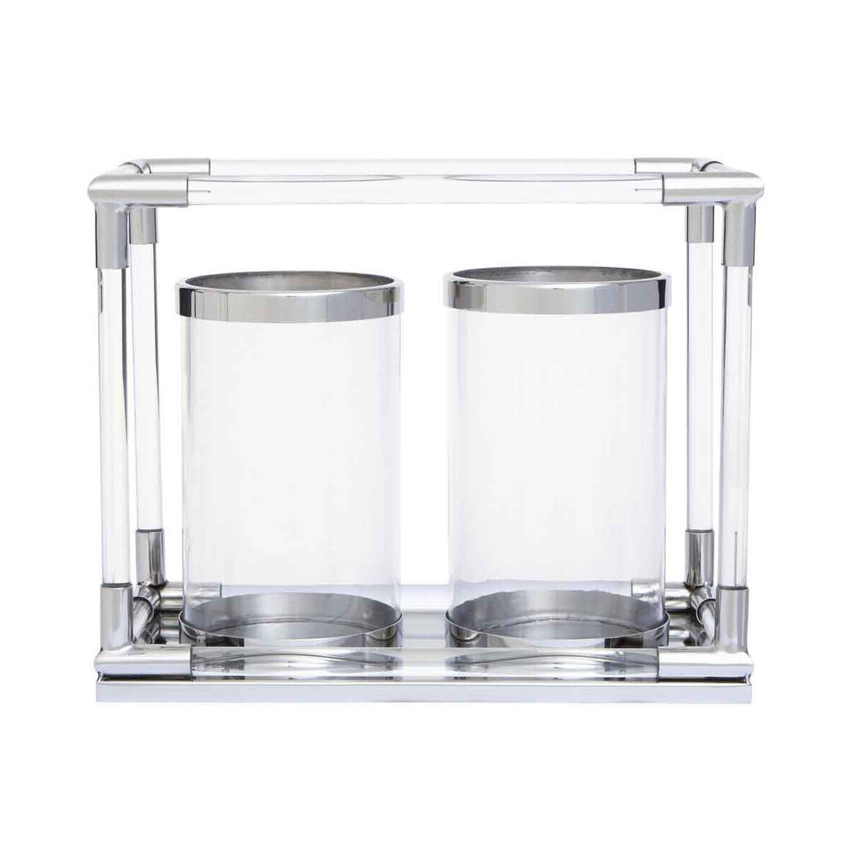 Lucita Double Silver Steel And Acrylic Candle Holder