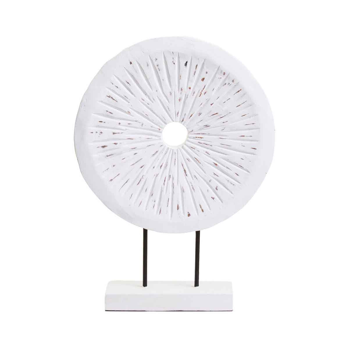 Fidel Distressed White Carved Wood Large Round Sculpture