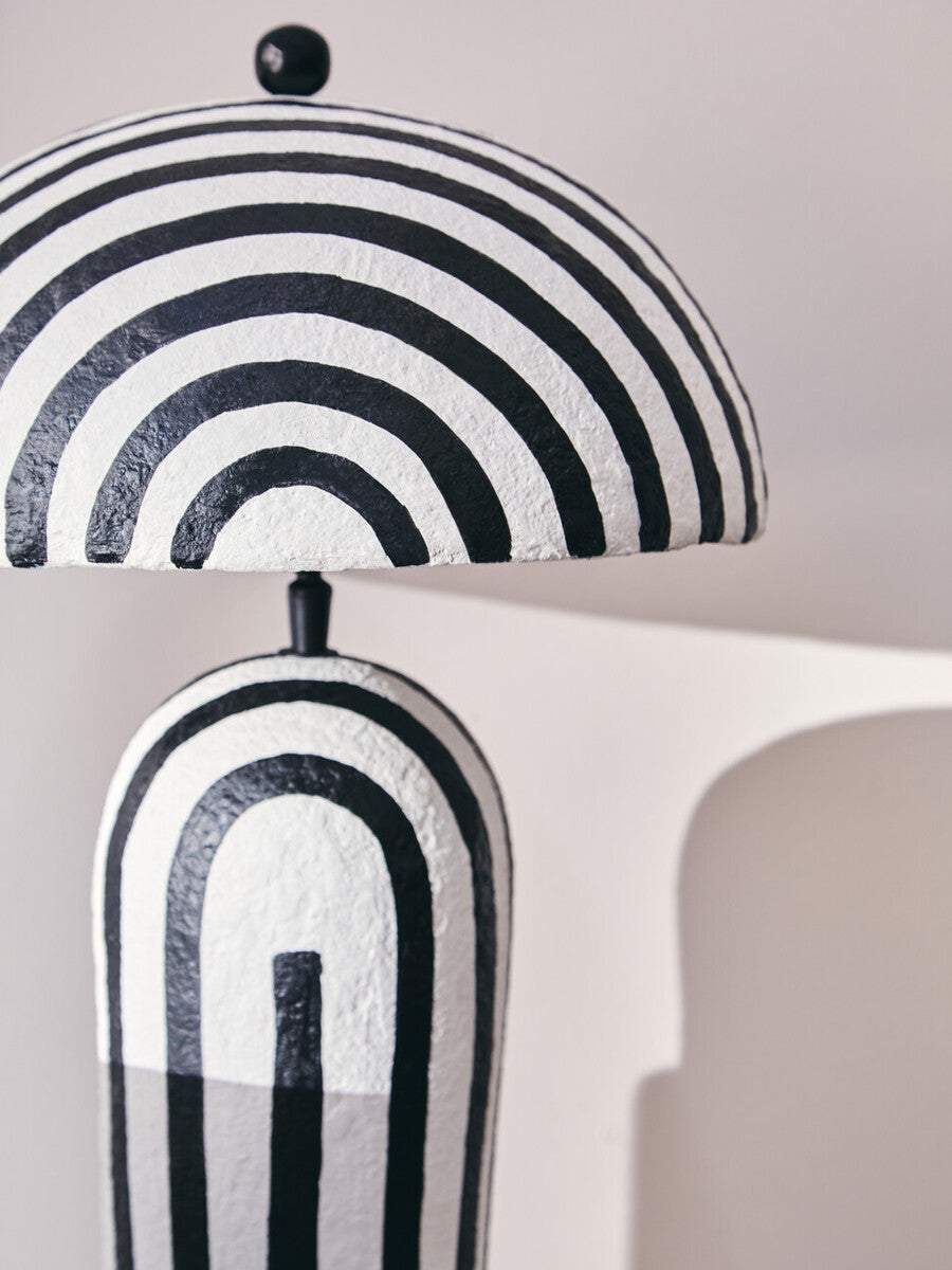 Carta 50cm Black And White Stripe Papier Mache Table Lamp With Dome Shade