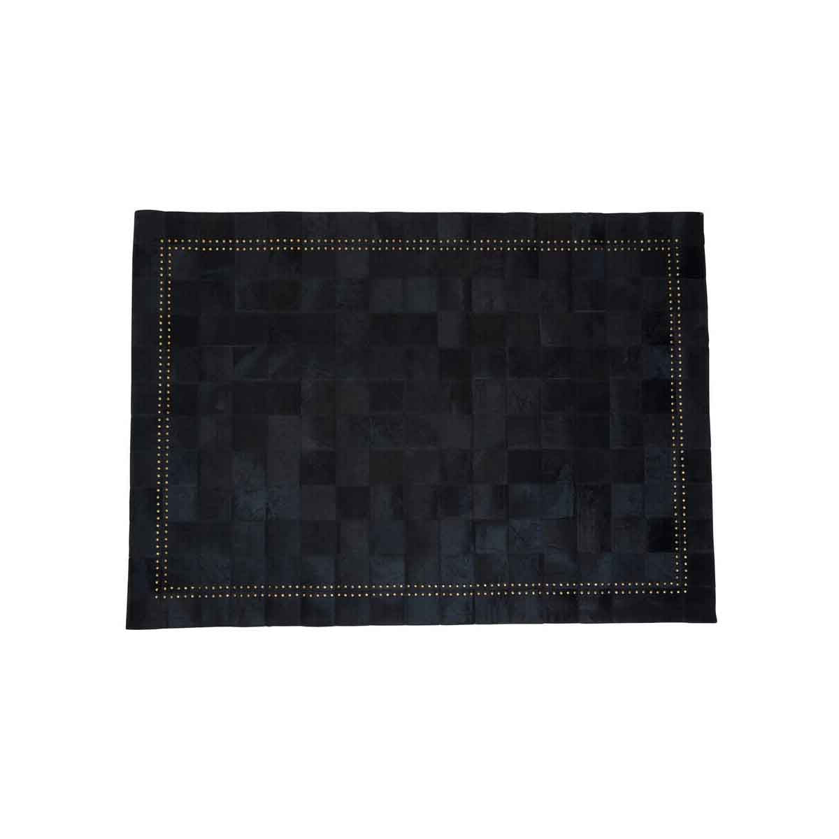 Bosie Safira Small Black hair on leather Patchwork Rug With Gold Studs