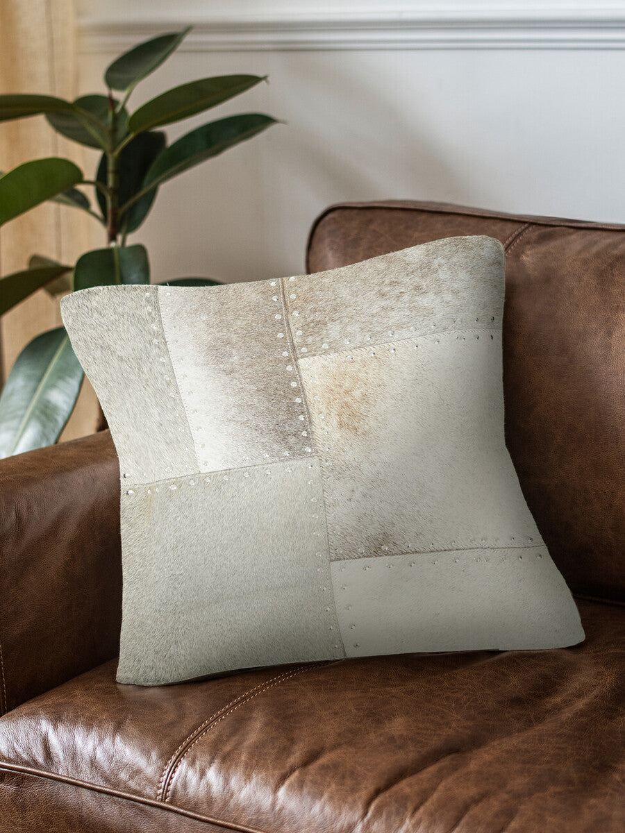 Bosie Safira Grey Hair on Leather Patchwork Cushion