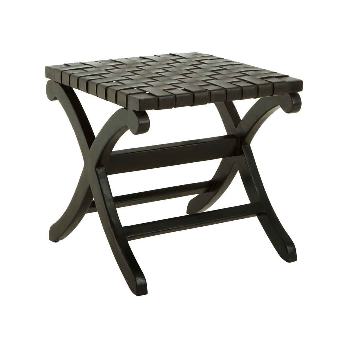 Kendari Black Leather Wood Stool