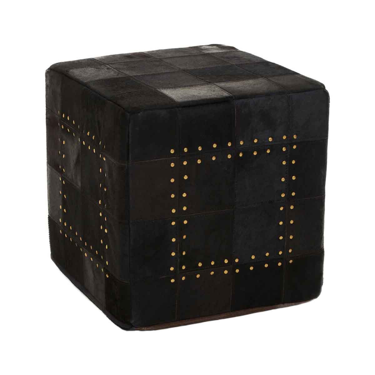 Bosie Safira Black Patchwork Leather Pouffe With Gold Studs
