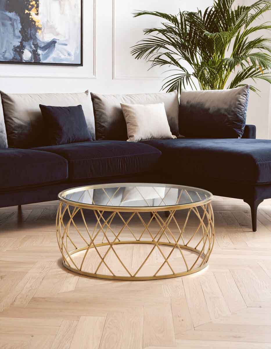Ackley Gold Round Coffee Table with Clear Glass