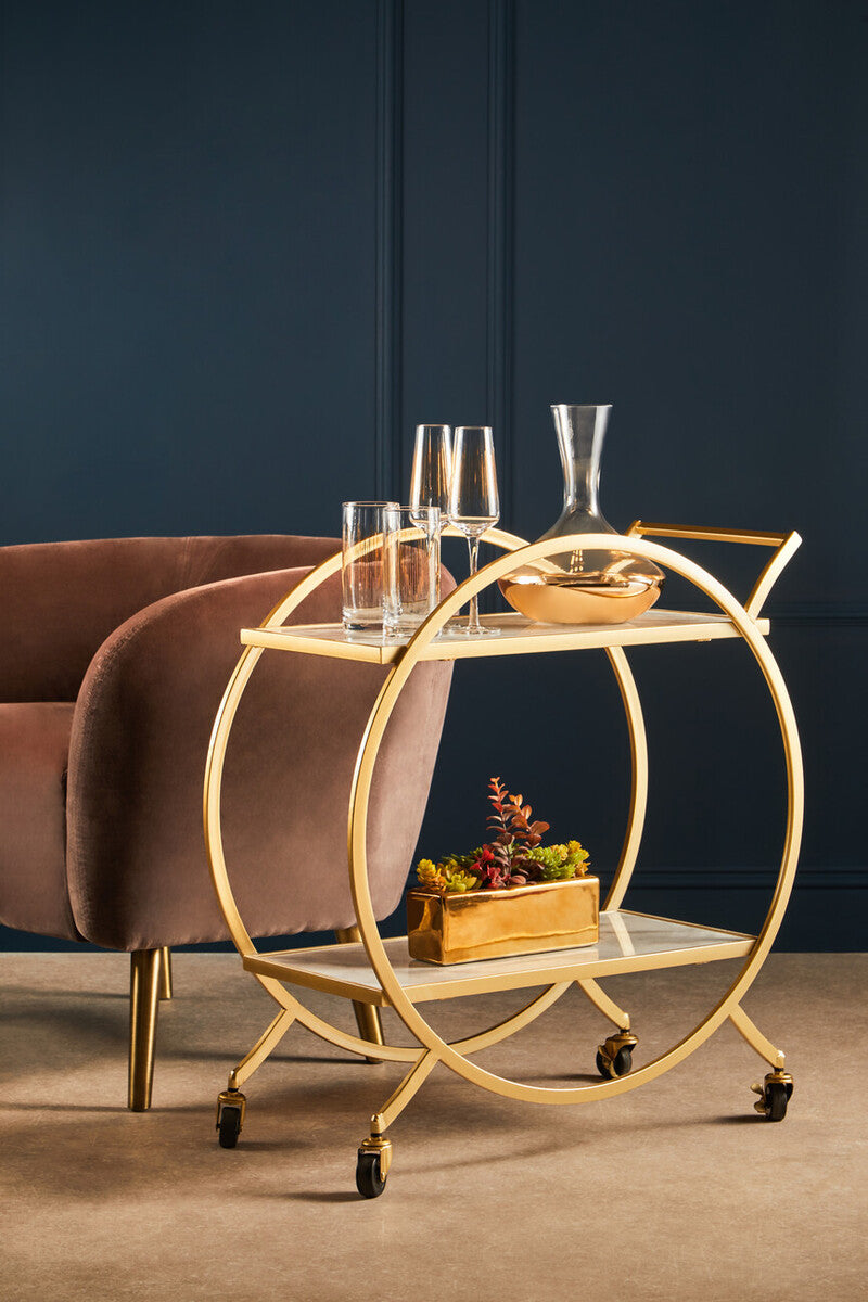 Avantis White Marble And Gold 2 Tier Drinks Trolley