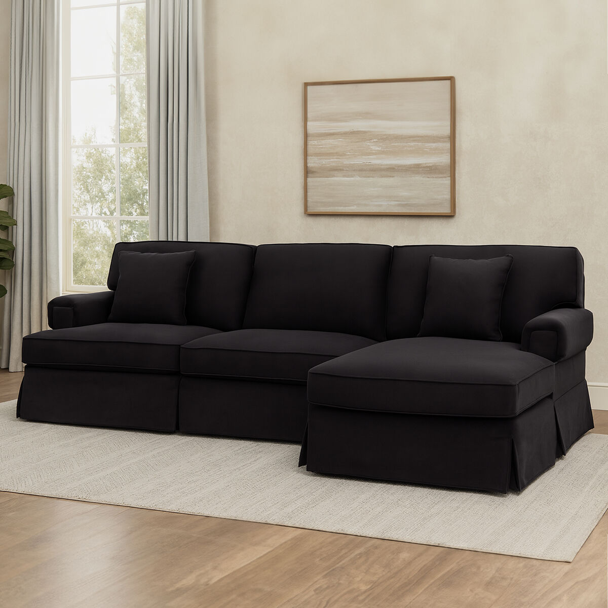 Ralph Three Seat Black Velvet Right Chaise Sofa