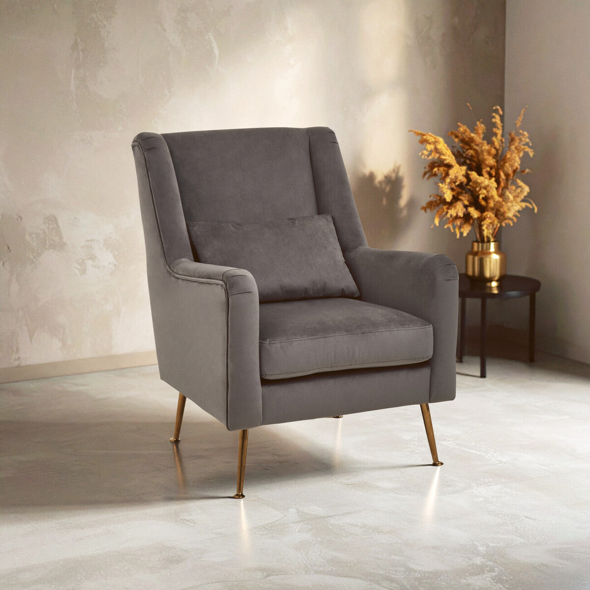 Doucet Grey Velvet Chair With Gold Finish Legs